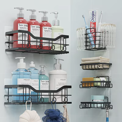 Practical Bathroom Accessories Wall Mounted Shelves With Soap Bottles Toothbrushes Towels And Soap Dishes 3d model