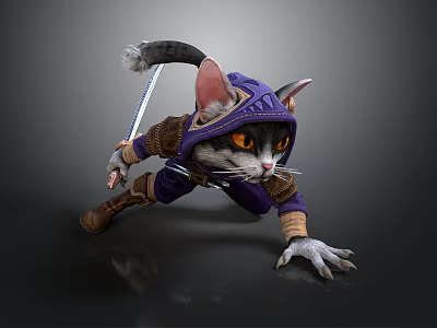 Agile Cat Assassin In Purple Outfit Holding Sword Ready For Action 3d model
