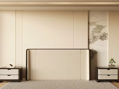 Modern Bed Background Wall With Chinese Painting And Nightstands 3d model