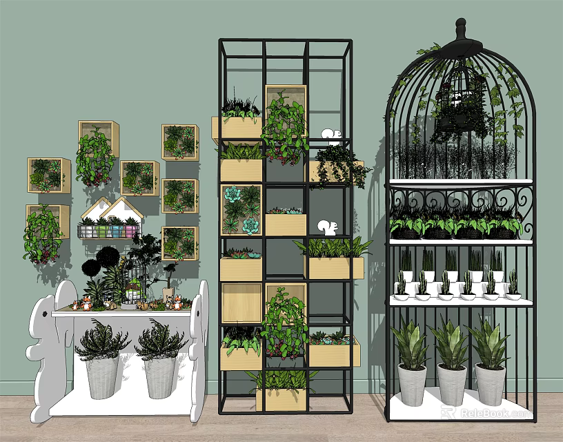 Modern Decorative Shelving Units With Metal Frames And Potted Plants 3d model 