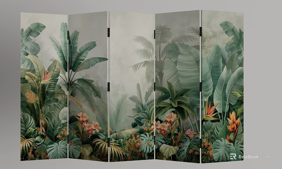 Folding Room Divider With Tropical Jungle Plant Leaves And Flower Patterns 3d model 