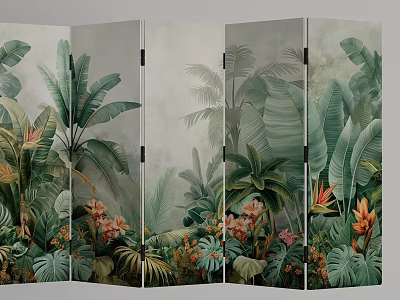 Folding Room Divider With Tropical Jungle Plant Leaves And Flower Patterns 3d model