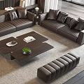 Brown Leather Sofa and Coffee Table Set with Plush Pillows Green Plant and Soft Rug