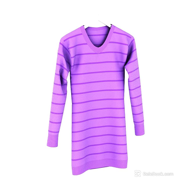 Purple Striped V Neck Long Sleeve Comfortable Casual Dress for Daily Wear 3d model 