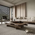 Modern Living Room Interior With Beige Sofa Wooden Coffee Table And Wall Art Plants