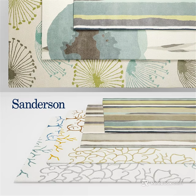 Sanderson Square Rug Featuring Colorful Floral And Striped Patterns In Soft Tones 3d model 