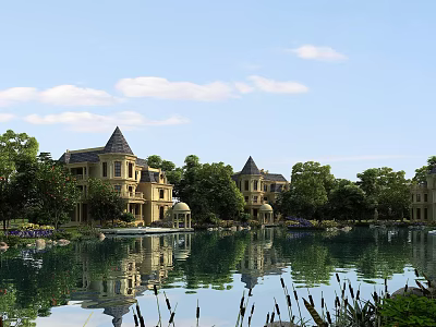 Luxurious Detached Villas with Yellow Exterior Gabled Roofs Lakeside Water Reflection and Trees 3d model