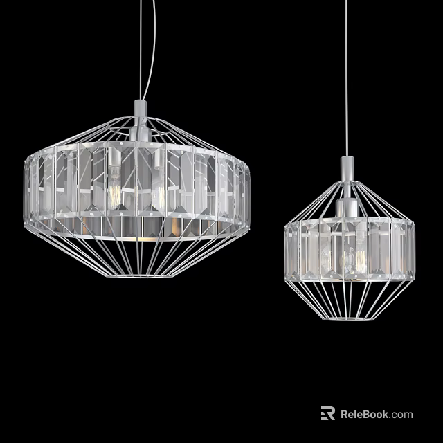 Modern Geometric Chandeliers With Wire Frame And Crystal Glass Elements Hanging 3d model 