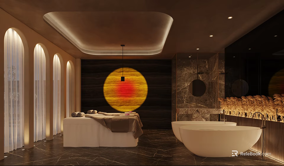 SPA Sauna Interior With Massage Bed Bathtub Warm Lighting And Wooden Walls 3d model 