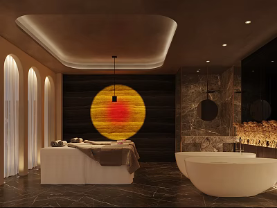 SPA Sauna Interior With Massage Bed Bathtub Warm Lighting And Wooden Walls 3d model