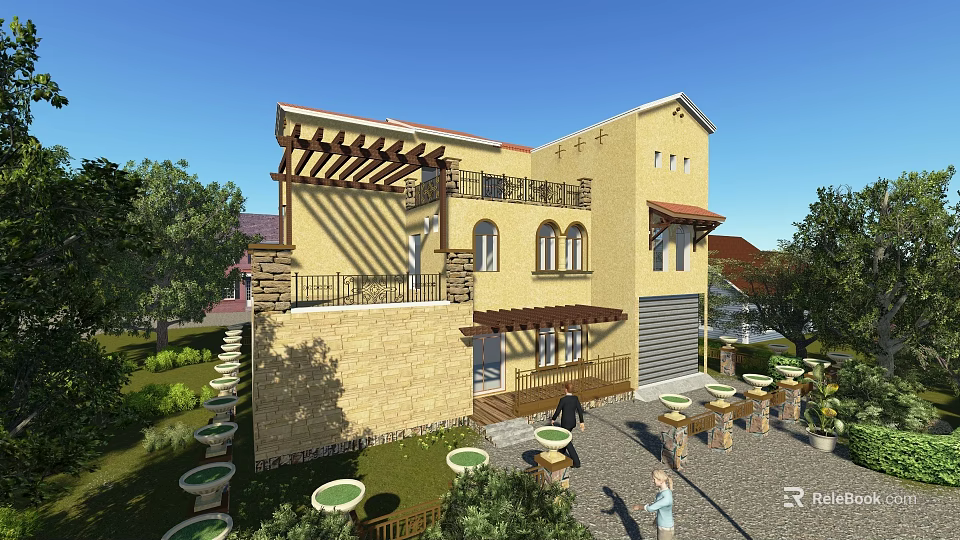 Detached Villa With Yellow Exterior Red Roof Terrace Pergola Greenery Courtyard And Tables Chairs 3d model 