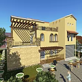 Detached Villa With Yellow Exterior Red Roof Terrace Pergola Greenery Courtyard And Tables Chairs