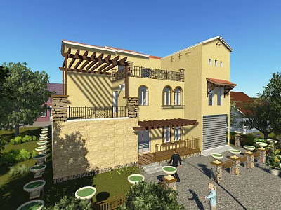 Detached Villa With Yellow Exterior Red Roof Terrace Pergola Greenery Courtyard And Tables Chairs 3d model