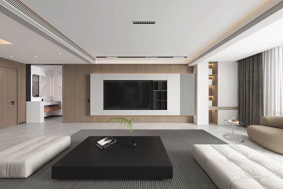 Modern Living Dining Room Interior With White Sofas Black Coffee Table And TV Wall 3d model