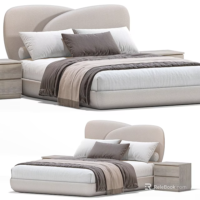 Modern Double Bed With Curved Headboard Neutral Pillows Soft Blanket And Wooden Nightstand 3d model 