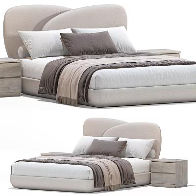 Modern Double Bed With Curved Headboard Neutral Pillows Soft Blanket And Wooden Nightstand 3d model
