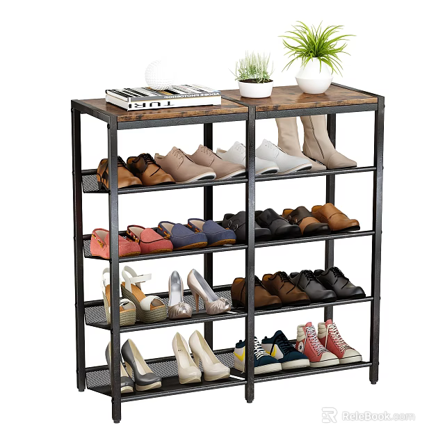 Multi tiered Shoe Rack With Metal Frame And Wooden Top For Various Shoes Storage 3d model 