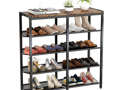 Multi tiered Shoe Rack With Metal Frame And Wooden Top For Various Shoes Storage 3d model