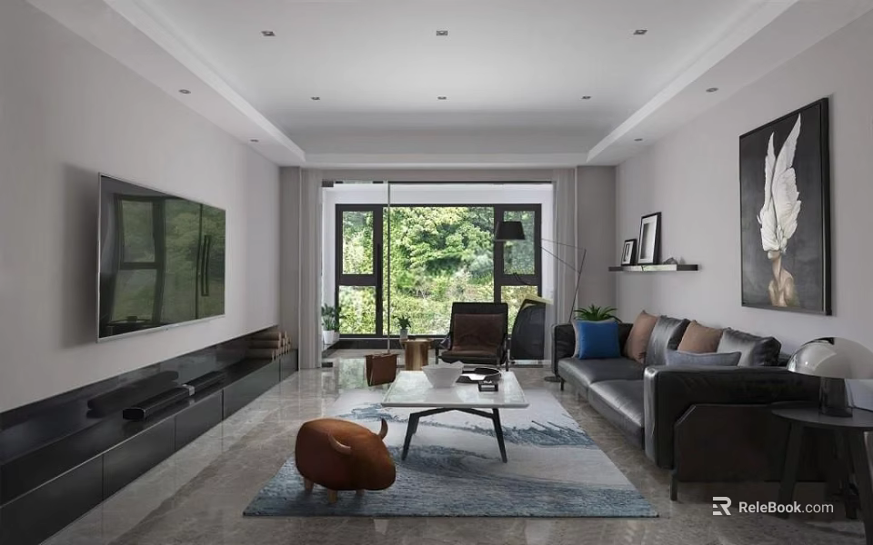 Modern Living Room Interior With Gray Sofa Blue Brown Cushions Large Windows And Green Plants 3d model 