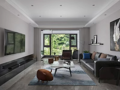 Modern Living Room Interior With Gray Sofa Blue Brown Cushions Large Windows And Green Plants 3d model