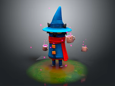 Wizard Game Movie Character With Blue Hat Red Scarf Holding Mugs And Pink Sparkles 3d model