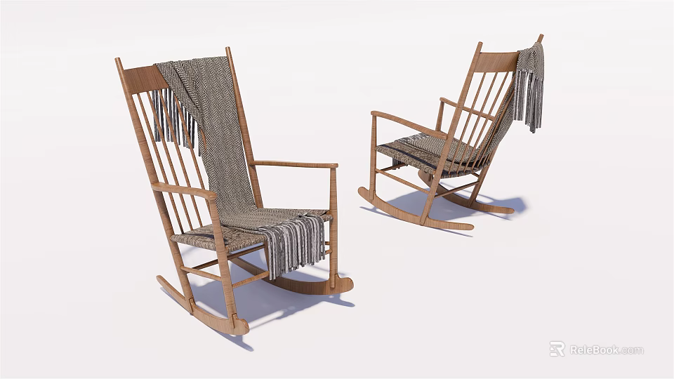 Pair of Wooden Rocking Chairs With Cozy Blanket And Classic Design Details 3d model 