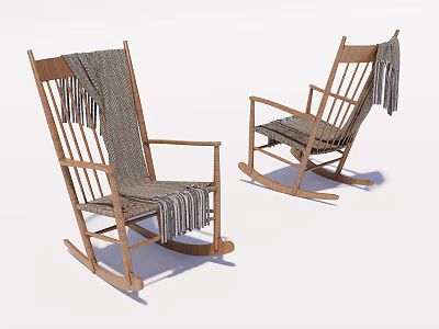 Pair of Wooden Rocking Chairs With Cozy Blanket And Classic Design Details 3d model