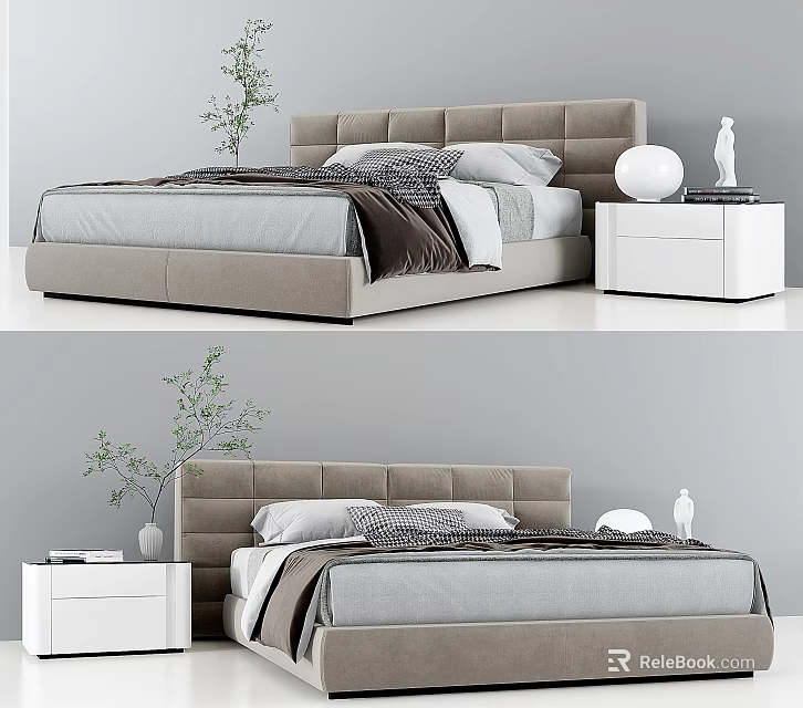 Modern Double Bed In Bedroom With White Nightstands And Plants 3d model