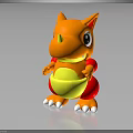 Orange Cartoon Dinosaur Toy Figure With Yellow Belly Red Body White Claws On Black Background