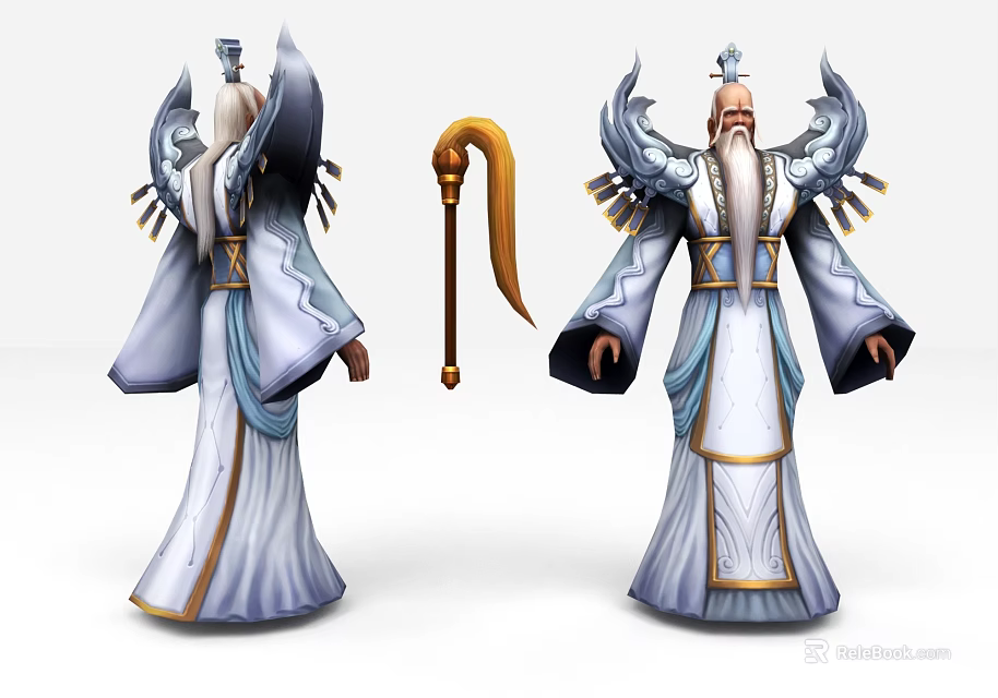 Game and Movie Character Elderly Figure with Wings Robe and Golden Staff 3d model 