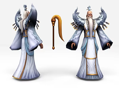 Game and Movie Character Elderly Figure with Wings Robe and Golden Staff 3d model