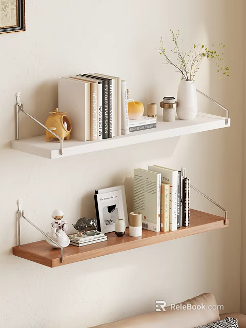 Two Tier Wooden And White Floating Wall Shelves With Books Decorations Vase And Small Ornaments 3d model 