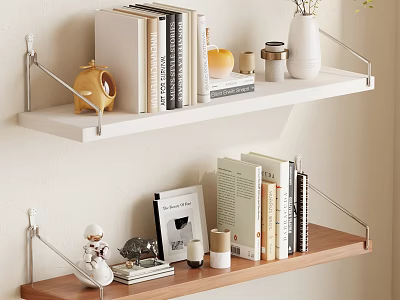 Two Tier Wooden And White Floating Wall Shelves With Books Decorations Vase And Small Ornaments 3d model