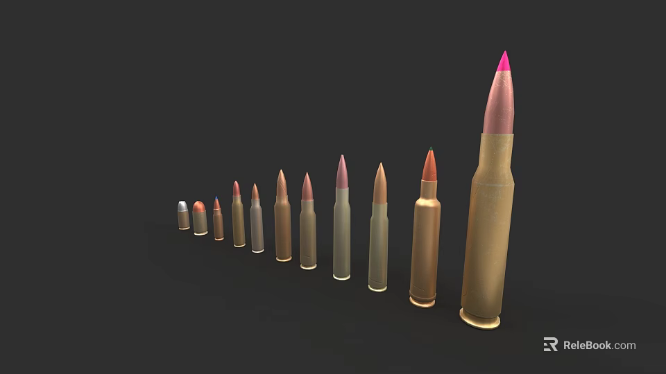 Various Size And Color Bullets Arranged In Row With Colored Tips 3d model 
