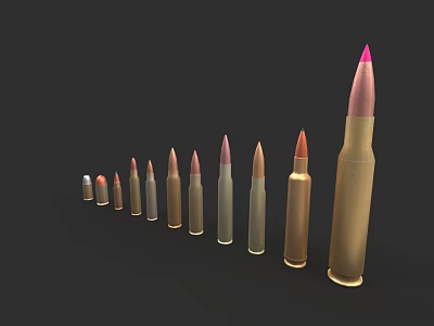 Various Size And Color Bullets Arranged In Row With Colored Tips 3d model