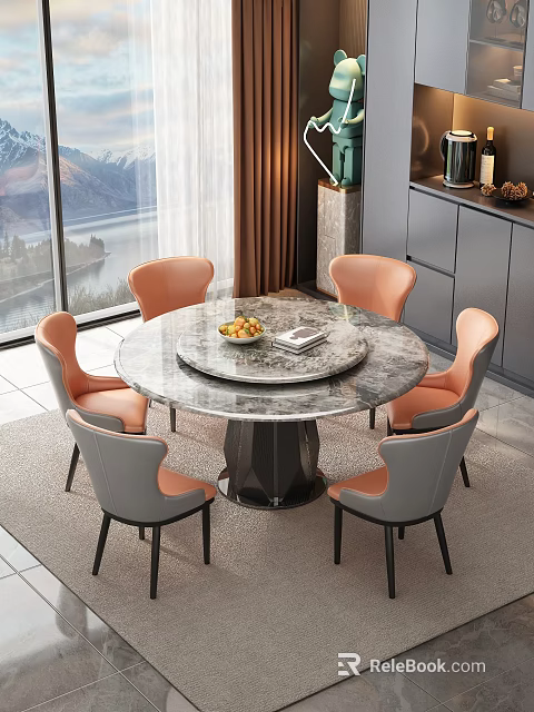 Round Marble Dining Table Set with Orange Grey Leather Chairs and Lake View Window 3d model