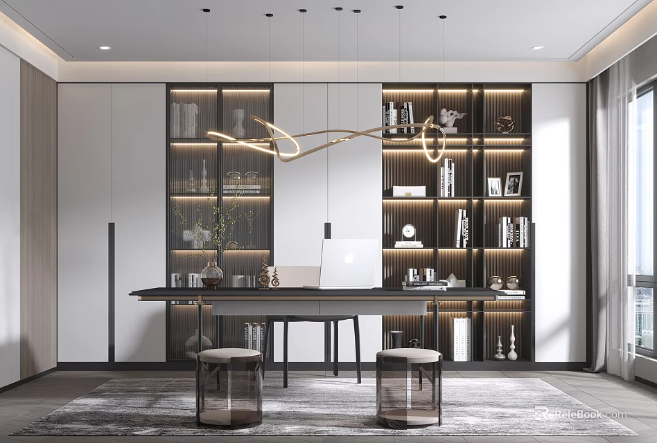 Modern Study Room Interior Design With Open Bookshelves Hanging Lights And Decorations 3d model