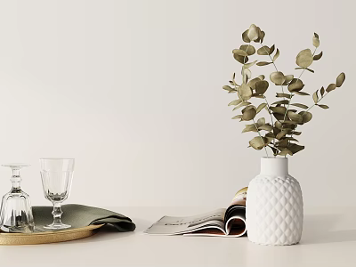 Decorative Ornament Set with White Vase Green Eucalyptus Gold Tray Glass Cups and Open Magazine 3d model