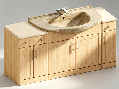 Light Wooden Bathroom Vanity With Integrated Sink Light Countertop And Storage Cabinets 3d model