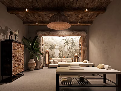 SPA Sauna Room Featuring Wooden Ceiling Pendant Lamp Large Green Plant And Landscape Mural 3d model