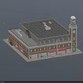 Charming Commercial Street With Two Story Building Bell Tower Red Awnings Shops And Pedestrians