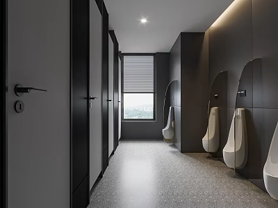 Public Restroom Interior With Dark Walls Long Corridor Urinals Textured Flooring And Window Frosted Blinds 3d model