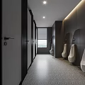 Public Restroom Interior With Dark Walls Long Corridor Urinals Textured Flooring And Window Frosted Blinds