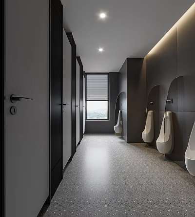 Public Restroom Interior With Dark Walls Long Corridor Urinals Textured Flooring And Window Frosted Blinds 3d model