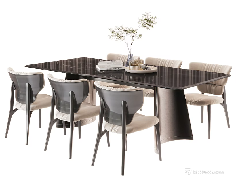 Modern Dining Table Set with Black Tabletop Beige Chairs and Decorative Vase 3d model 