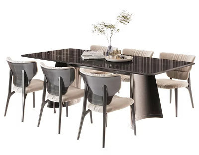 Modern Dining Table Set with Black Tabletop Beige Chairs and Decorative Vase 3d model
