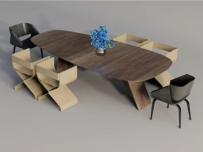Modern Oval Wooden Dining Table Set with Blue Flower Vase and Mixed Color Chairs 3d model