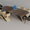 Modern Oval Wooden Dining Table Set with Blue Flower Vase and Mixed Color Chairs
