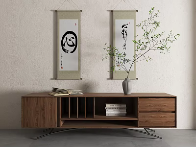 Modern Wooden TV Stand With Brown Vase Green Plant Books And Wall Art Decor 3d model