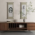 Modern Wooden TV Stand With Brown Vase Green Plant Books And Wall Art Decor
